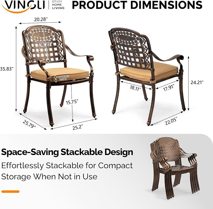 VINGLI Patio Chairs Set of 2 - Stackable Outdoor Cast Aluminum Dining Chairs with Vintage Bronze Finish and Plaid Pattern, Metal Armchairs for Poolside, Backyard, Balcony (with Cushion) - Image 3