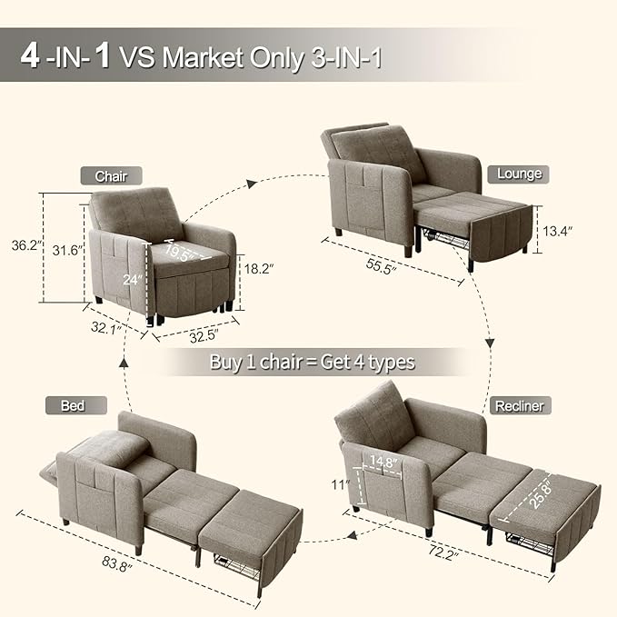 ZZW Sleeper Chair, 84" Extra Long Convertible Chair Bed, Upgraded 3-in-1 to 4-in-1 Pull Out Chair & Single Sofa Bed for Adult, Sleeping Chair for Living Room, Small Space (Light Grey)