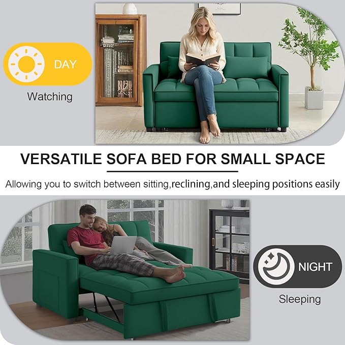 3 in 1 Pull Out Sofa Bed, 54" Sleeper Sofa Bed with 3-Level Adjustable Backrest, Velvet Fabric Loveseat Sleeper Couch for Living Room & Bedroom & Apartment & Dorm Furniture, Green