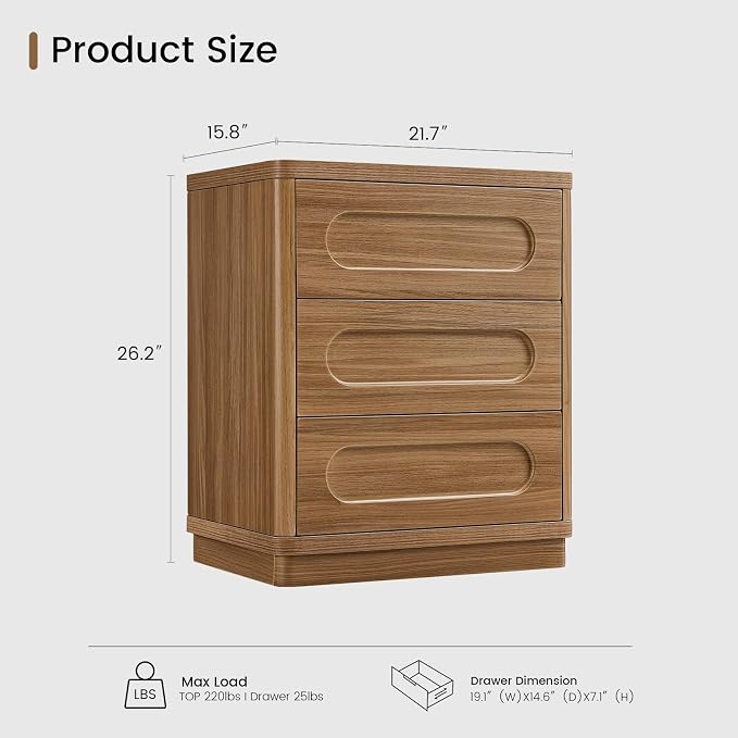 26.2" Tall Nightstand, 21.7" W Night Stand with 3 Storage Drawers, Wood Beside Table, Rounded Corner Design for Bedroom（Brown） - Image 2