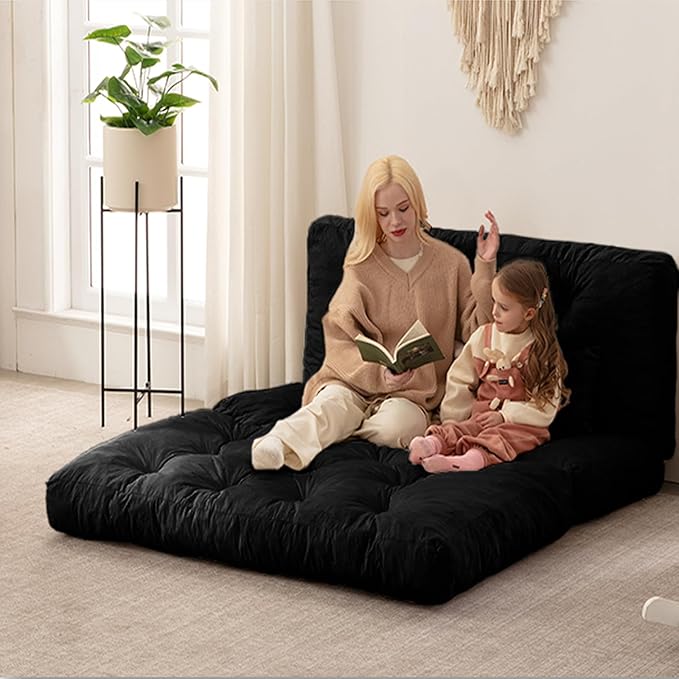 Folding Sofa Bed, Convertible Sleeper Chair with Pillow Foldable Mattress with Back Support, Portable Fold Out Chair Bed Comfy Floor Sofa Lounge for Living Room Bedroom, Black Twin 80x39 Inch