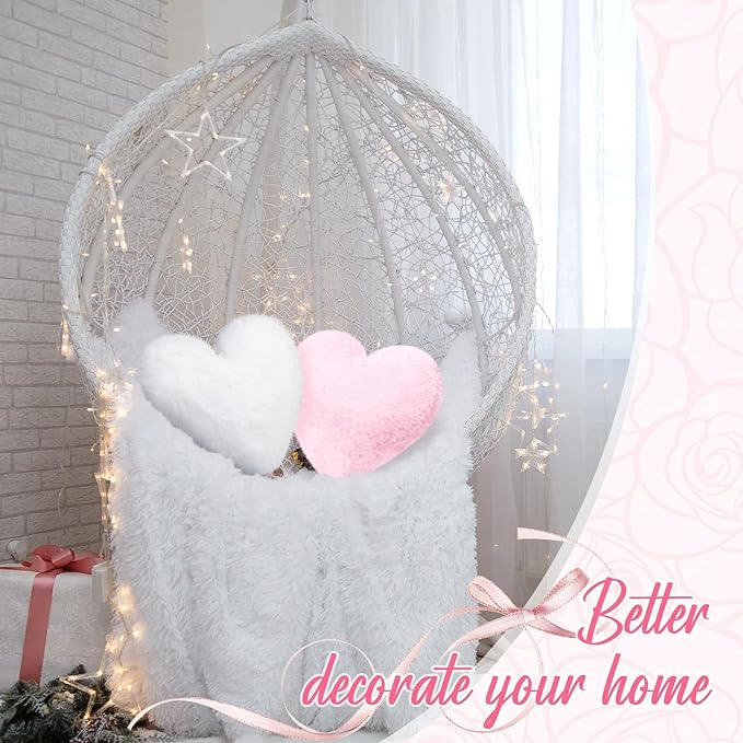 Marsui 2 Pcs Heart Throw Pillows, Soft Fluffy Faux Fur Decorative Hearts Shaped Pillows for Living Room Sofa Bed, Cute Heart Themed Gift for Women(Shrimp Pink, White,11.81 x 11.02 Inch)