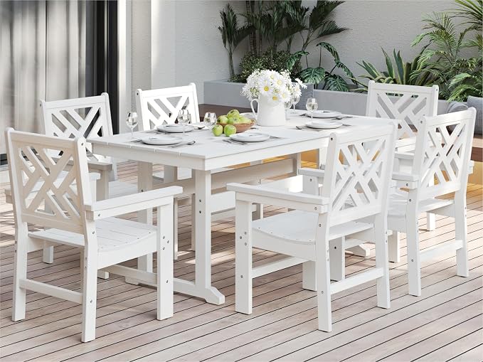 7-Piece Outdoor Dining Set, HDPE All-Weather Patio Table and Chairs Set for 6, Outdoor Patio Furniture Sets with Umbrella Hole for Outside, Deck, Backyard, Garden (White) by BIVODA