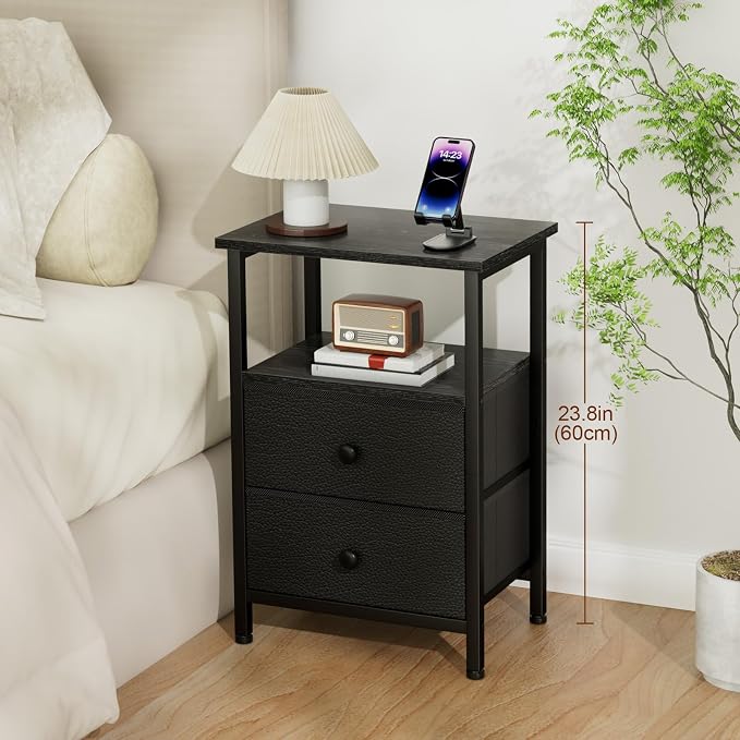 LOAKEKEL Night Stand, Nightstand with 2 Fabric Drawers for Bedroom, Small End Table with Open Storage Shelf for Living Room, Bedisde Table for Apartment, Black, HETS002BK-1 - Image 3