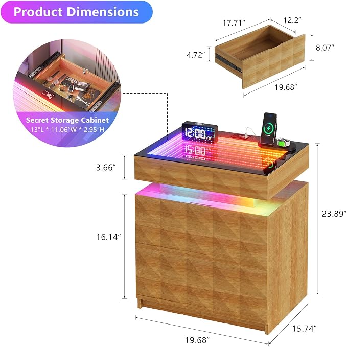 Night Stand Set 2 with Charger Station & RGB Lights, 3 Drawers Bedside Table with Sliding Top, Modern Night Stands with Human Body Sensor for Bedroom, Wood - Image 2