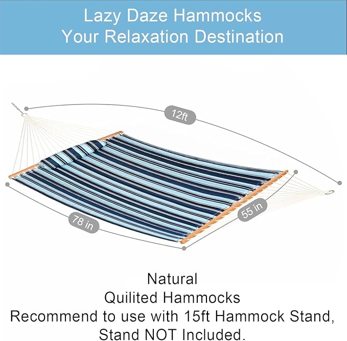 Lazy Daze Hammocks 12 FT Quilted Fabric Double Hammock with Spreader Bars and Detachable Pillow, 450lbs Weight Capacity - Image 3
