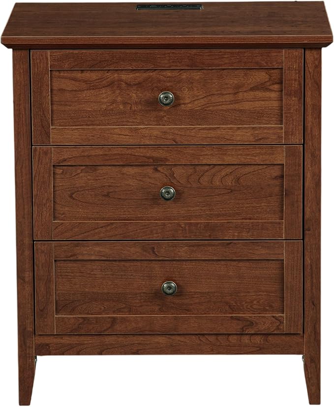 Karl home Farmhouse Nightstand with Charging Station, Wide End Table with 3 Large Drawers & Mental Handles, Wood Small Side Table of Drawers for Bedroom, Closet, Brown - Image 4