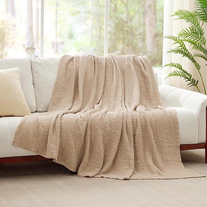 6 Layers Cotton Muslin Blankets Large, Lightweight Cotton Throw, Cooling Soft Throw Blanket for Year-Round Comfort, Breathable Quilt Bedspread, Gauze Weave Bedding for Adults, Oatmeal, Beige Linen