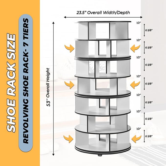 Kings Brand Furniture - 7-Tier Rotating Shoe Rack, 360° Revolving Lazy Susan Spinning Shoe Rack Tower Storage Organizer for Closet Entryway Bedroom Hallway, White - Image 2
