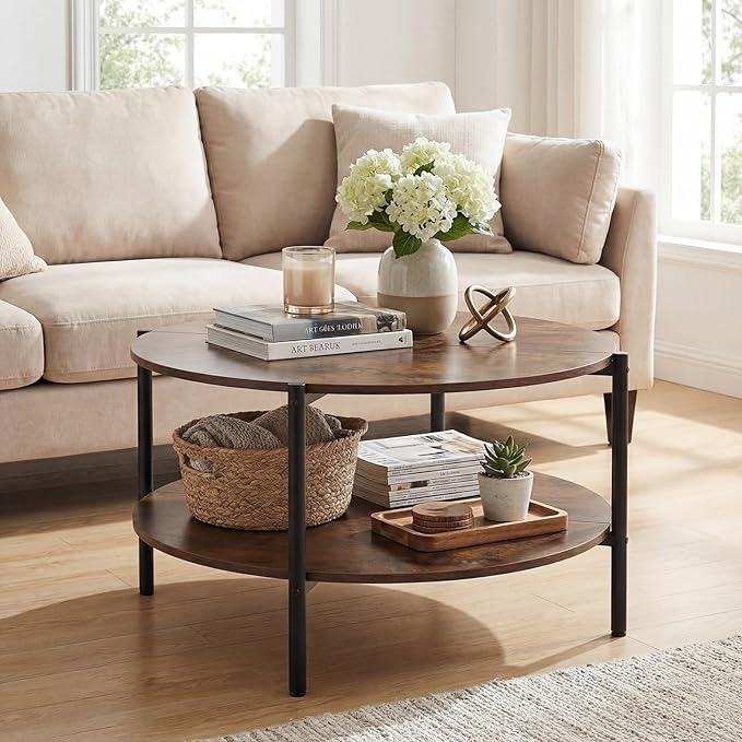 Giantex Round Coffee Table, 33.5" Small Center Table with Open Storage Shelf and Heavy-Duty Metal Frame, 2-Tier Wood Cocktail Accent Table, Living Room Tables for Small Spaces, Rustic Brown