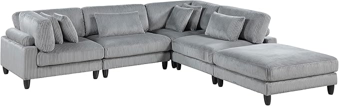 Lexicon 120 Inch Modular Sectional Sofa - Oversized 5 Seater Corduroy L Shaped Sectional Couch with Ottoman, 6 Accent Pillows, and Flexible Arrangement for Modern Living Rooms, Gray
