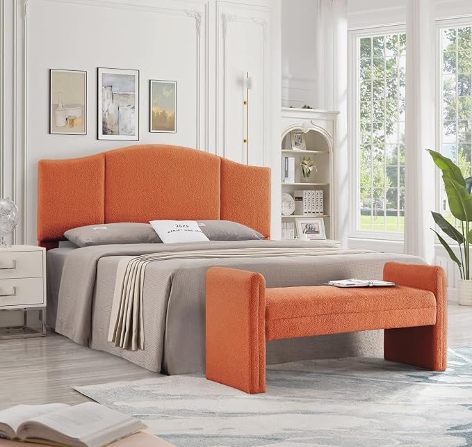 24KF Modern Upholstered Bed Bench Covered with Soft Boucle Teddy Fabric, Lovely Entryway Bench Ottoman with Armrest, 5062-Orange - Image 6