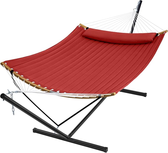 SUPERJARE Hammock with Stand, 2 Person Heavy Duty Hammock with Padded Cotton, Detachable Pillow & Strong Curved-Bar & Portable Carrying Bag, Perfect for Outdoor & Indoor, Red by SUPERJARE