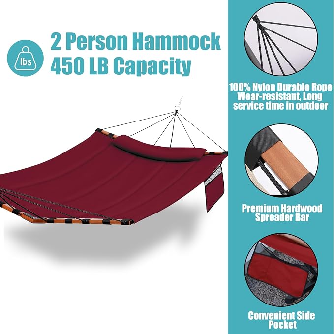 TegerDeger 12FT 2 Person Hammock Large Hammock 450LB Capacity Hardwood Spreader Bar & Nylon Rope for Outside, Patio, Garden, Backyard, Beach, Poolside - Red - Image 4