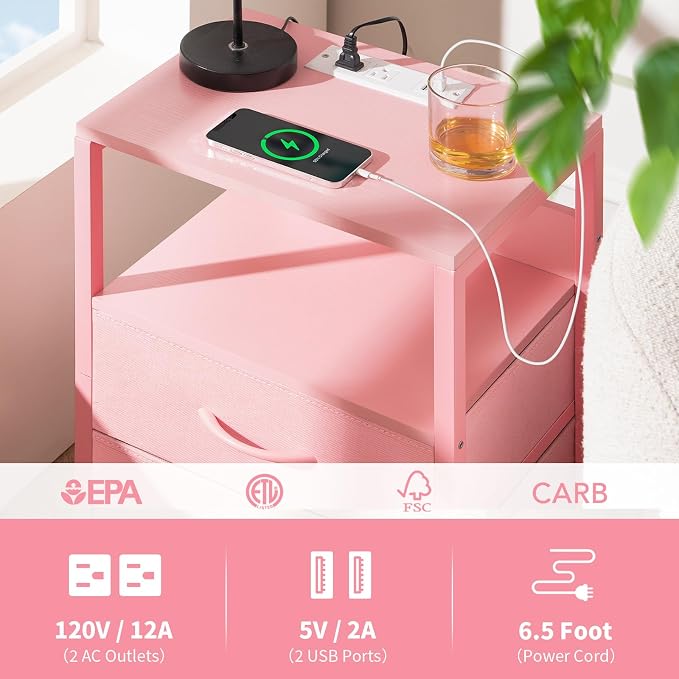 Yoobure Nightstand with Charging Station, Small Night Stand with Fabric Drawers and Storage Shelf for Bedrooms, Nightstands for Small Spaces, Bedside Table with USB Ports & Outlets Bed Side Table - Image 7