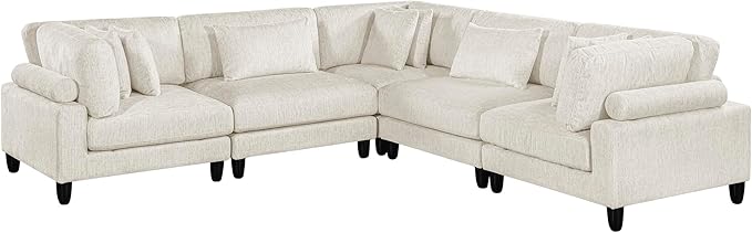 Lexicon 120 Inch Modular Sectional Sofa - Oversized 5 Seater Microfiber L Shaped Sectional Couch, 8 Accent Pillows, and Flexible Arrangement for Modern Living Rooms, Beige
