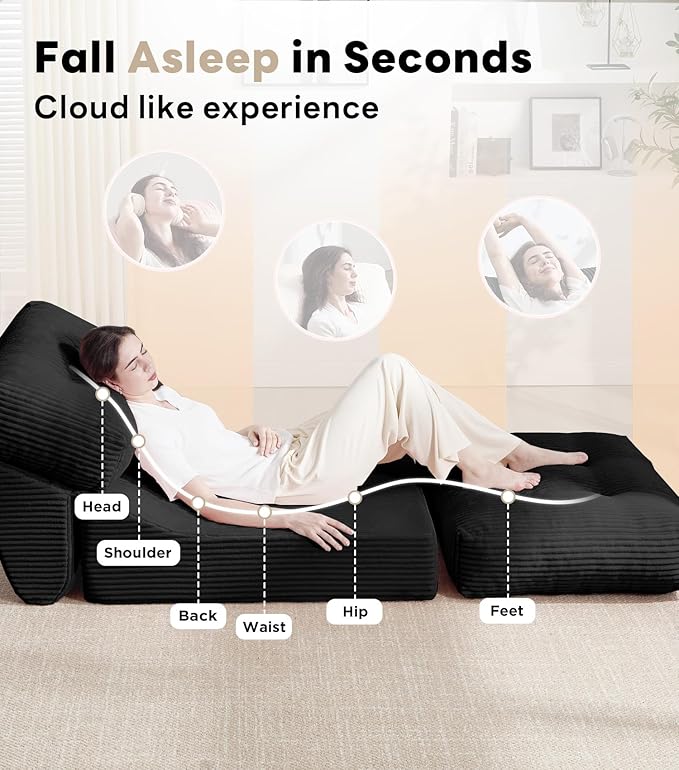 Tbfit Convertible Sleeper Chair, Adjustable Folding Sofa Bed with Large Pillow, Corduroy Folding Couch Bed, Portable & Foldable Mattress Boneless Floor Sofa for Living Room, RV, Office, Black, Single