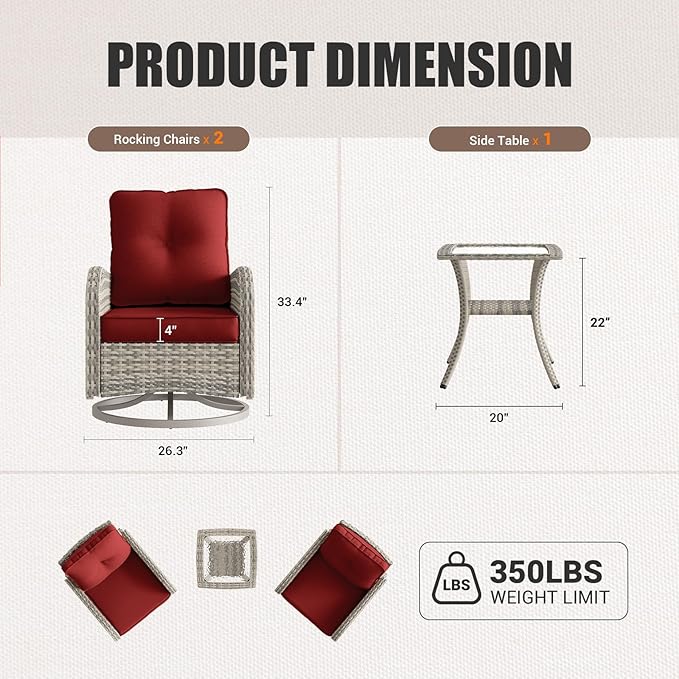 13-Piece Outdoor Patio Furniture Set with Rocking Swivel Chair, Wicker Rattan Sectional Sofa Conversation Set with Tempered Glass Table, Backyard Furniture, Red