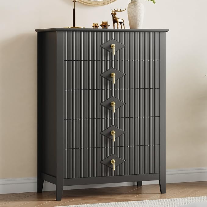 GarveeHome Fluted Dresser for Bedroom, 42.9" Tall 5-Drawer Wood Dresser, Modern Chest of Drawers, Storage Organizer Cabinet for Living Room, Hallway, Entryway, Black by GarveeHome