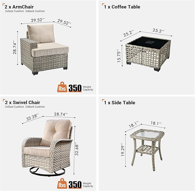 ovios 6 Piece Patio Sectional Furniture with Swivel Rocking Chairs, Rattan Wicker Coversation Set with Glowing Coffee Table, Outdoor Sofa Set for Outside Porch Balcony Backyard Pool, Beige