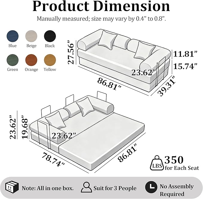 87'' Convertible Compressed Corduroy Folding Cloud Sofa Bed, Modern Modular Boneless Pull Out 3 Seater Sleeper in a Box, 5 in 1 Foldable Floor Mattress Couch, No Assembly Need, Yellow, Pillows, King