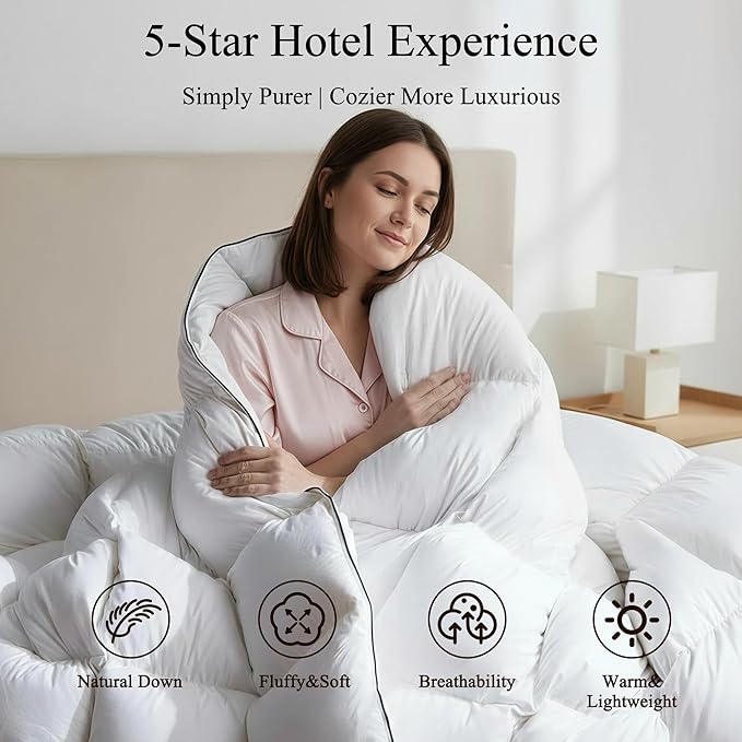 Feather Down Fiber Comforter Queen Size,Premium Ultra-Soft Breathable Comforter High Fill Power White Duvet Insert,All Season Hotel Bedding Comforters (Ivory White/All Season, Twin)