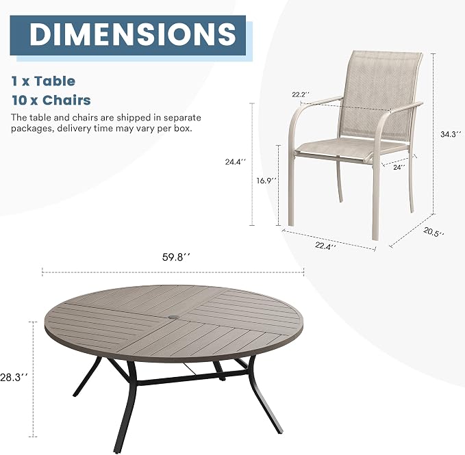DIFY Patio Dining Set for 10, 11 Piece Outdoor Table and Chairs Set, 59.8" Grey Wood-Like Round Metal Patio Dining Table and 10 Sandshell Textilene Stackable Patio Chairs, for Backyard Garden Deck - Image 8