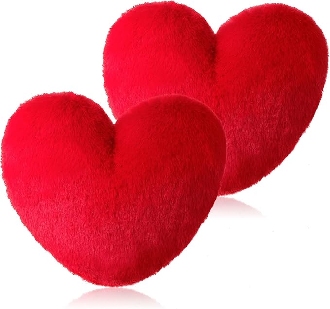 Marsui 2 Pcs Heart Throw Pillows, Soft Fluffy Faux Fur Decorative Hearts Shaped Pillows for Living Room Sofa Bed, Cute Heart Themed Gift for Women(Red,11.81 x 11.02 Inch)