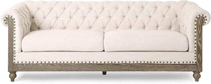 Merax Chesterfield Sofa, Retro Style Upholstered 3 Seater Rolled Arm Couch for Living Room Bedroom Office, Beige
