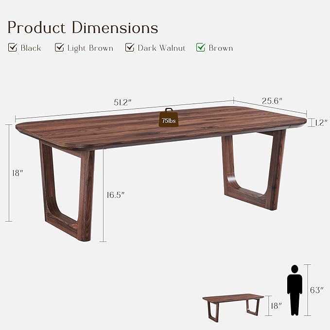 ACCOHOHO Modern Coffee Table for Living Room,51.2" Large Rectangle Wood Coffee Table with U-Shaped Legs & Sturdy Base Design,Center Table for Office,Apartment,Dark Walnut