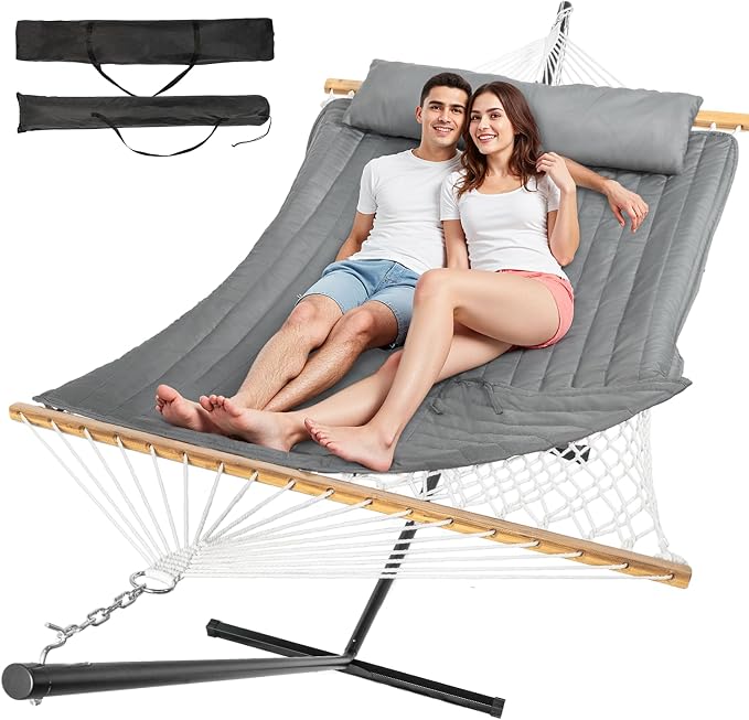 Everyfun 2 Person Outdoor Hammock with Stand, Cotton Rope Hammock with Polyester Pad, Adjustable Steel Frame, Portable with Carrying Bag – for Patio, Backyard, Garden, Beach,Dark-Gray by Unknown