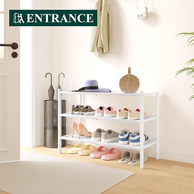 Smiry Bamboo Shoe Rack, 3 Tier Shoe Organizer for Entryway & Closet, Stackable Free Standing Storage Shelf for Shoes, Bags & Plants, White - Image 6
