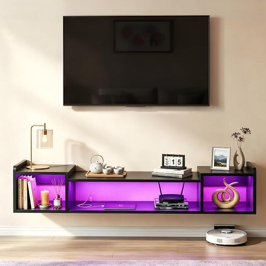 70.9"W Floating TV Stand with LED Lights & Power Outlets for 60 65 70 75 Inch TV Wall Mounted Entertainment Center with Storage for Living Room Wood Media Console Shelf Black TV Shelf Wood for Bedroom by Romorgniz