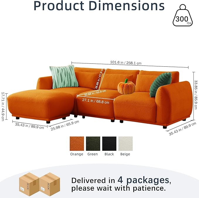 Sectional Sofa Couch, Modern U Shaped Sectional Couch with Ottoman, Modular Sectional Sofa Cloud Couches for Living Room (Orange, 3 Set + 1 Ottoman)