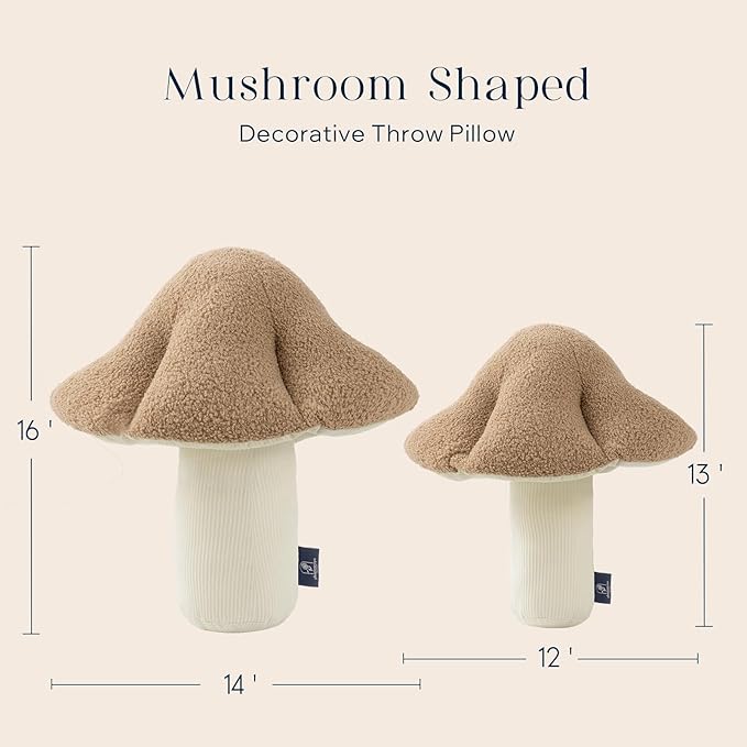 Phantoscope Mushroom Shaped Throw Pillow, Teddy Fleece Soft Mushroom Decorative Pillows Cute 3D Shaped Cushion for Couch Sofa Bed Chair, Beige,16 x 14 inches