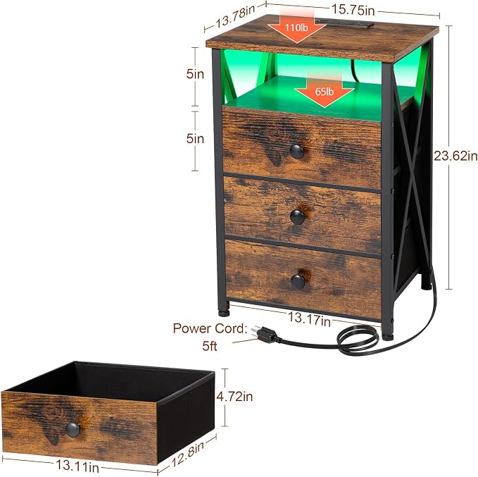 AMHANCIBLE Night Stand Set 2, LED Nightstand with Charging Station, End Side Tables with USB Port & Outlet, Bedside Tables with 3 Fabric Drawers for Bedroom, Rustic Brown HET053LBR - Image 3