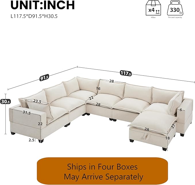 Ball & Cast Oversized U Shaped Sectional Couch with Movable Storage Ottoman,7 Seat Chenille Upholstered Sectional Sofa w/9 Pillows,DIY Combination,Wide Seat Couches for Living Room,Office,Beige