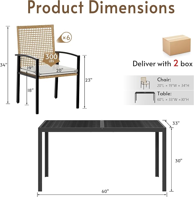 7-Piece Outdoor Dining Set for 6, Patio Dining Set with Hand-Woven Wicker Chairs & Cushions, 60" x 33" x 30" Wider Aluminum Woodgrain Table for Deck, Garden, Backyard - Image 2