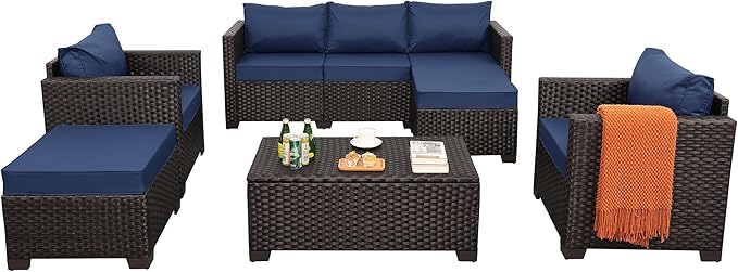 6 Pieces Patio Outdoor Furniture Conversation Sets Patio Wicker Sofa Set with Outdoor Couch Patio Chairs and Storage Table Non-Slip Cushions Waterproof Covers, Navy Blue