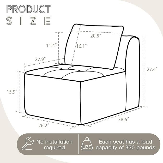 Modular Sectional Sofa, Boneless Couches for Living Room, Corduroy Couch, Big Comfy Couch, Modular Cloud Sofa with Deep Seat (Black, 1 Piece-Middle Seat)