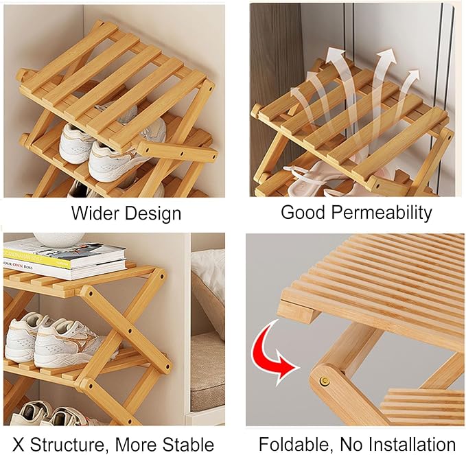 YYW Shoe Rack, Foldable Bamboo Shoes Shelf, Freestanding Shoe Storage Organiser for Entryway, Hallway, Bedroom, Closet (Wood Color, 3 Layers) - Image 4