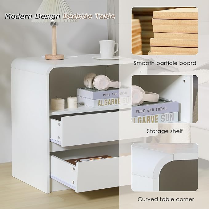 Modern Nightstands with Charging Station, White Night Stand with 2 Drawers, Wood End Table with Storage, 23.6'' Wide Bedside Cabinet for Bedroom - Image 3