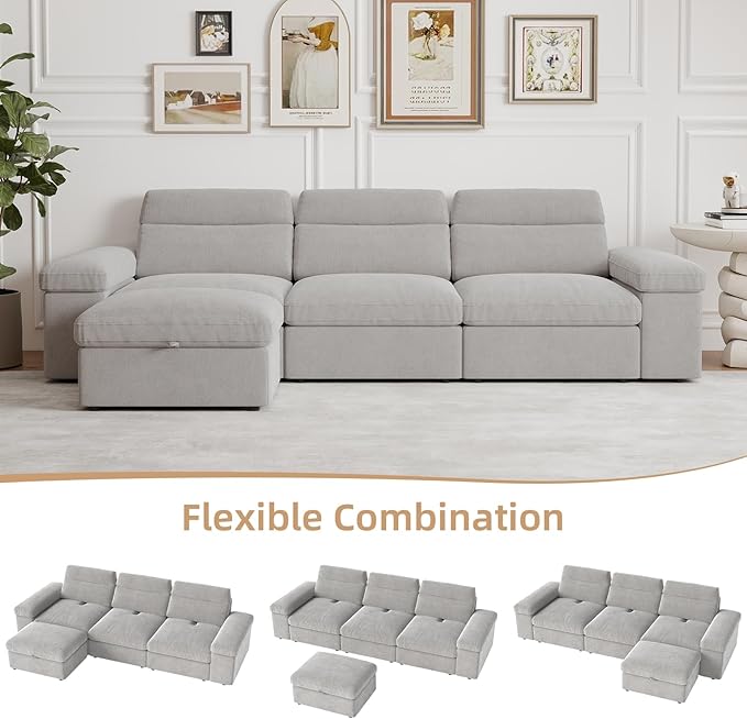 Rovibek Modular Sectional Sofa with Storage, Down Filled L Shaped Couch with Adjustable Backrest, Couches for Living Room, Home Theater and Apartment, Grey