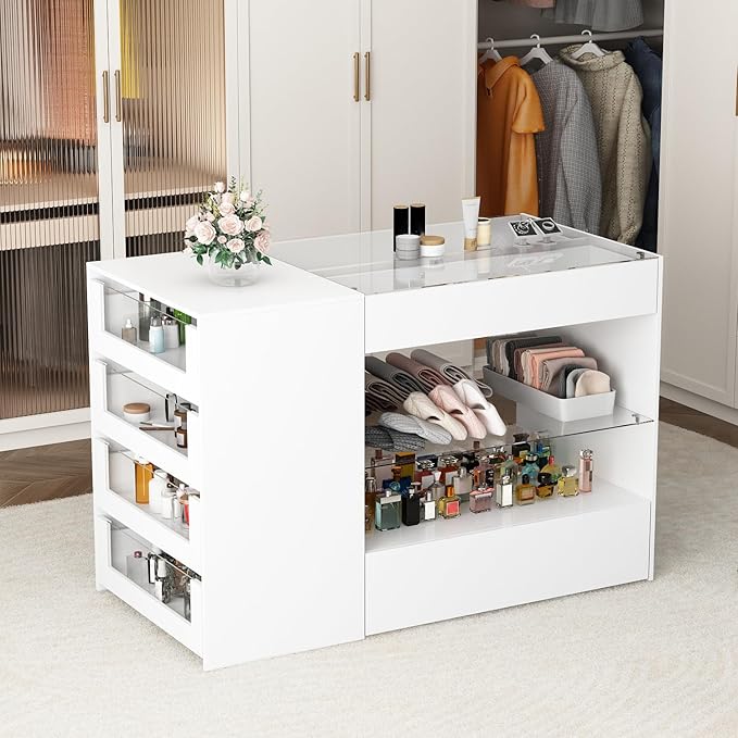 Homsee Wardrobe Armoire Bedroom Island with Glass Top, Glass Display Shelf & 6 Drawers, Wooden Closet Storage Cabinet with Open Shelves for Bedroom, Shops, White