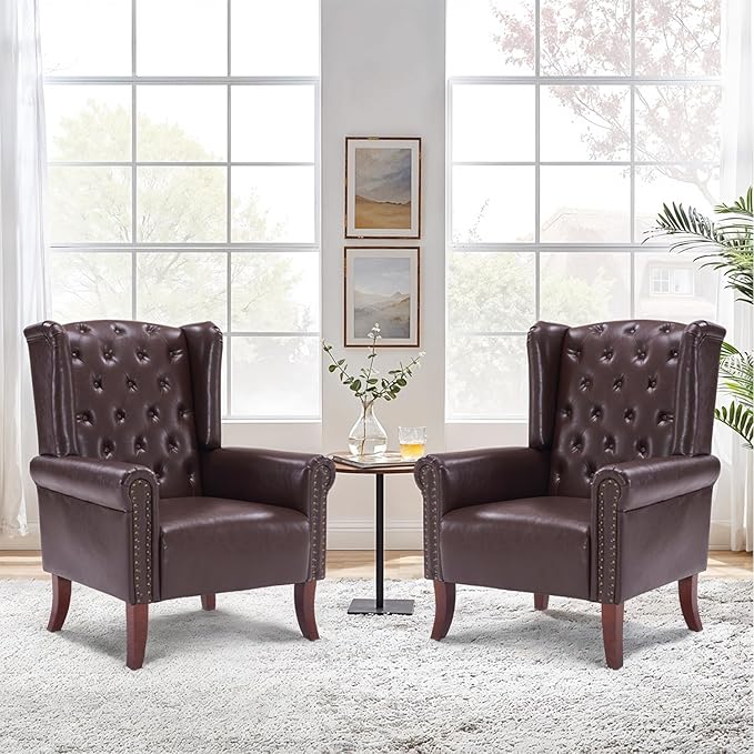 PU Leather Accent Chair Modern Wingback Armchair Club Sofa Chair High Back Living Room Chair for Bedroom, Office, Lounge (Caramel)
