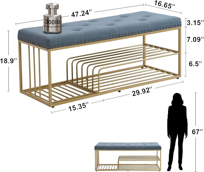 Upholstered Shoe Storage Bench-Nailhead Trim Linen Ottoman Bench with Shoes Rack for End of Bed Entryway Window Bedroom Living Mudroom Room,Blue - Image 2