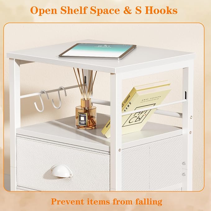 Furologee Nightstands Set of 2, End Table with 2 Fabric Drawers, Night Stand with 2 Hooks, Open Wood Shelf Bedside Table for Bedroom/Living Room/White - Image 6