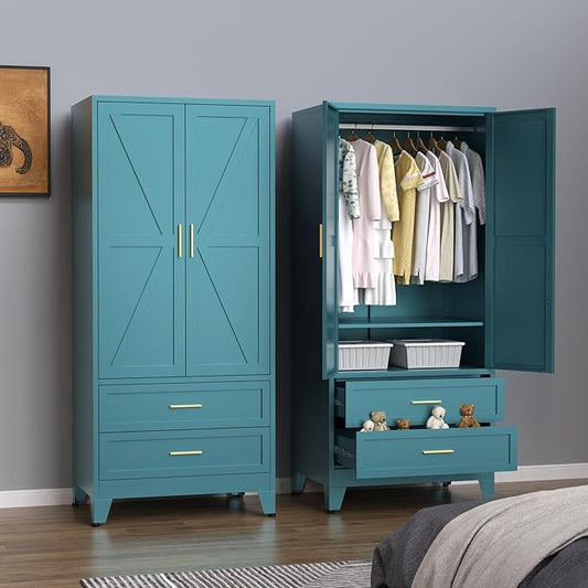 Steel Armoire Wardrobe Closet, 71" Metal Clothing Storage Cabinets with 2 Doors, 2 Drawers and 1 Adjustable Shelf, Blue Wardrobe Cabinet with Hanging Rod for Bedroom, Gym