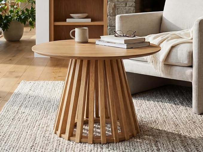 DUOMAY Modern Round Coffee Table with Unique Geometric Base, Sleek White Wood Accent Table for Living Room Office Lounge, Natural Wood Color