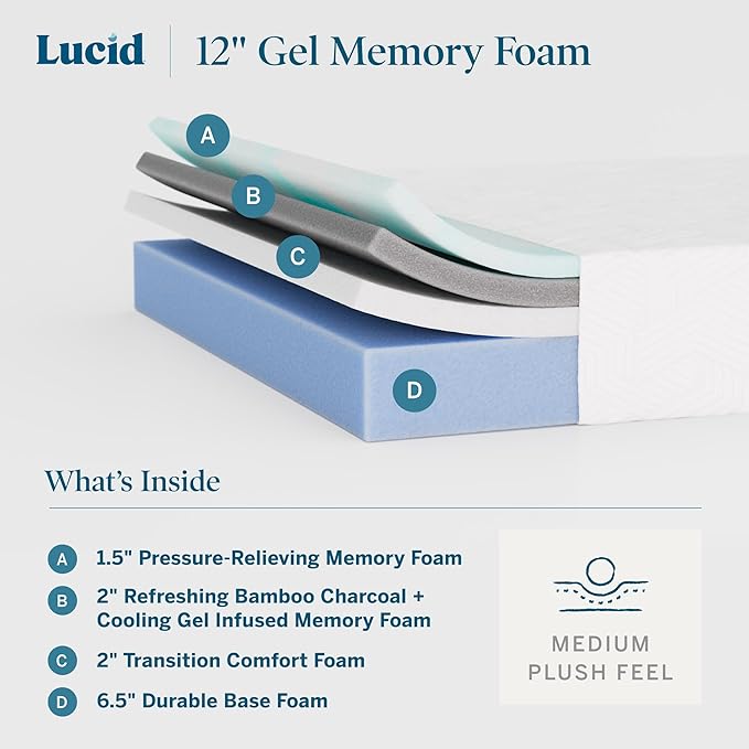 Lucid 12 Inch Memory Foam Mattress - Medium Plush Feel - Infused with Refreshing Bamboo Charcoal and Cooling Gel - Bed in a Box - Temperature Regulating, Pressure Relief - Breathable - California King
